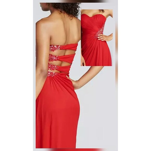 Strapless Red Beaded Cut Out Back Elegant Formal Maxi Dress SZ 6 - Picture 3 of 14